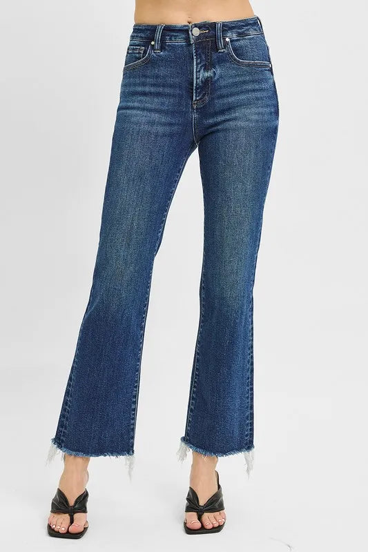RISEN Tummy Control High Rise Crop Straight Raw Cut Hem Jeans