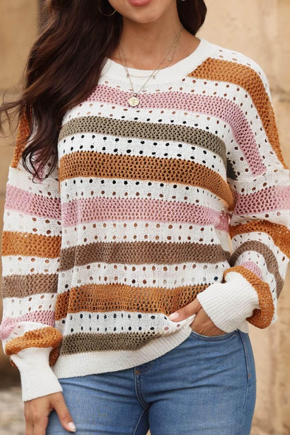 Striped Round Neck Hollowed Sweater