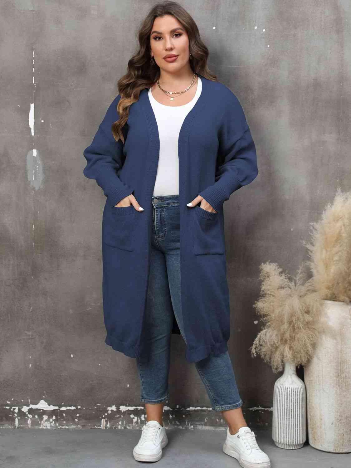 Plus Size Long Sleeve Pocketed Cardigan - Clothes For Her Online Store