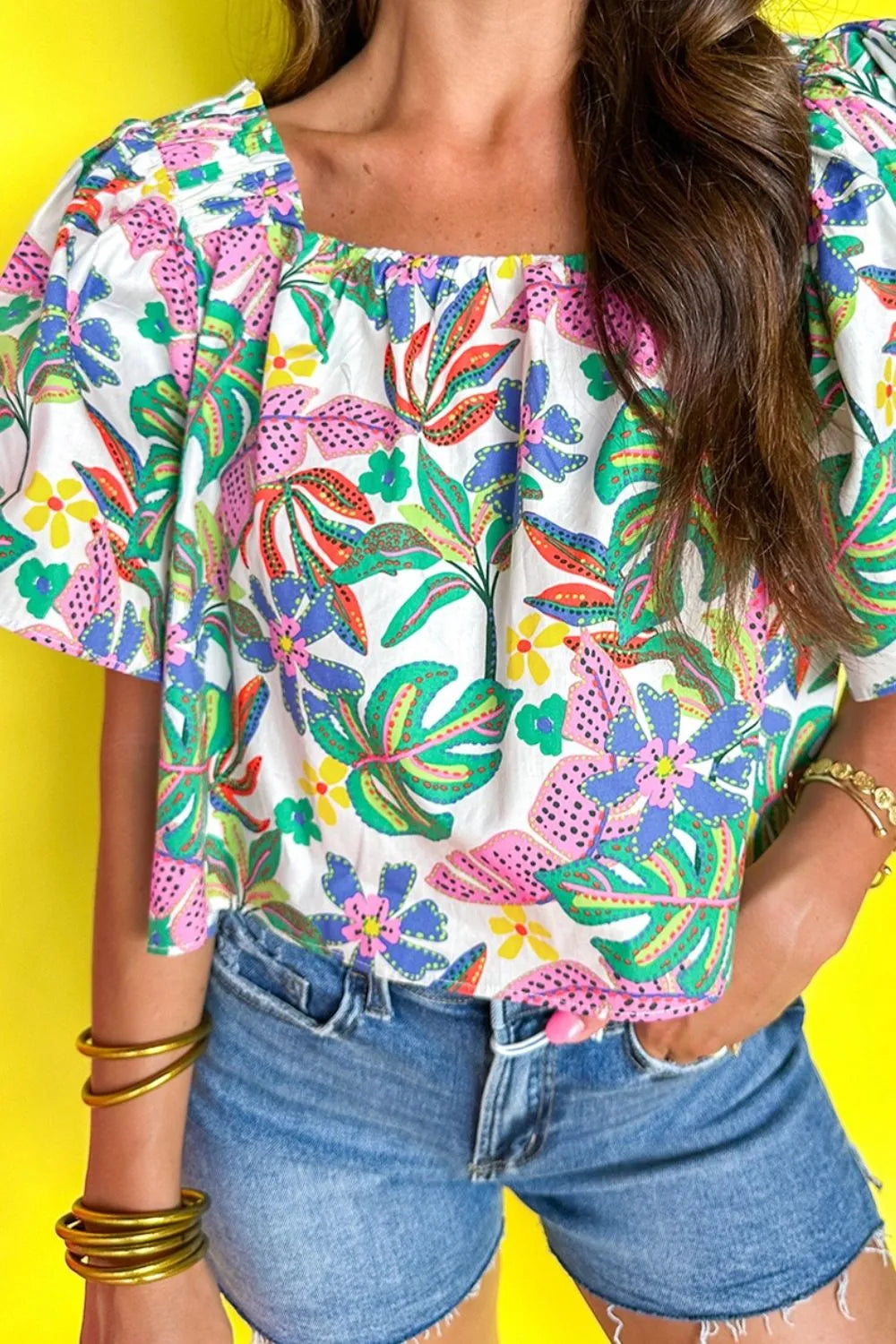 Plant Print Loose Fit Puff Sleeve Square Neck Blouse