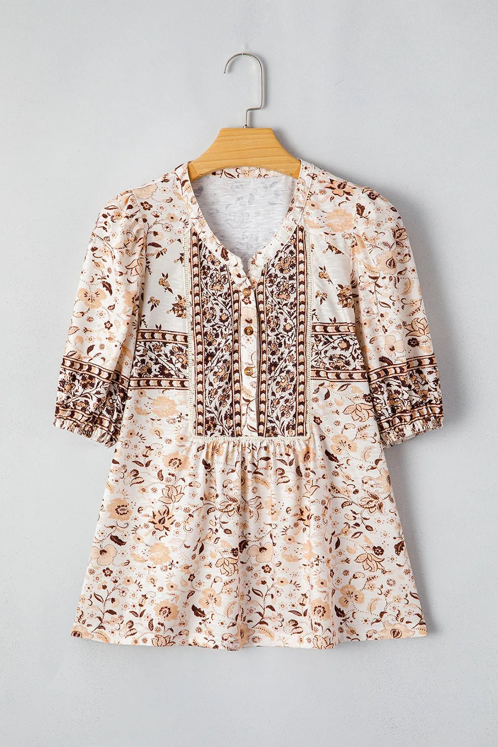 Boho Floral Print Half Placket Short Sleeve Loose Blouse