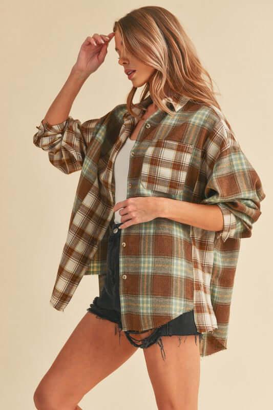 Aemi + Co Frayed Hem Plaid Button Up Flannel Shirt