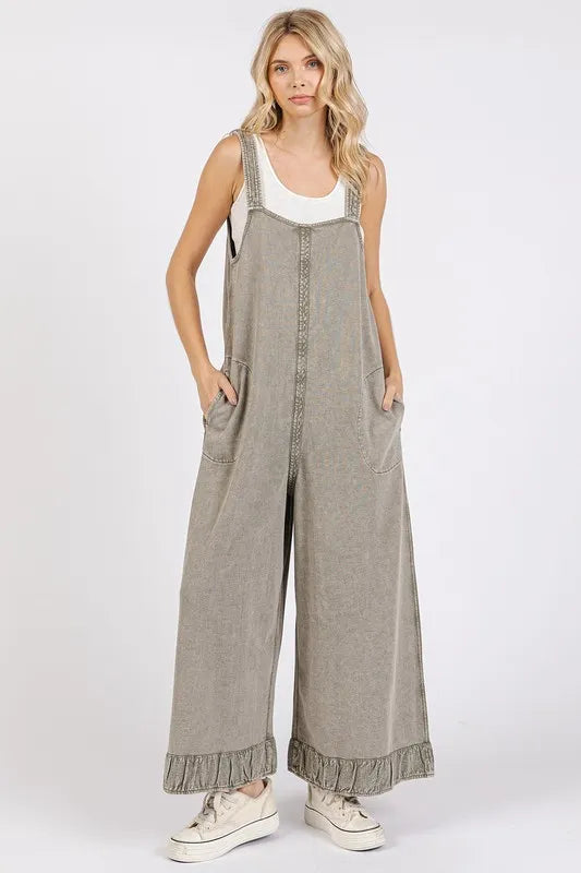 Mittoshop Ruffled Hem Wide Leg Overalls with Pockets - Clothes For Her Online Store