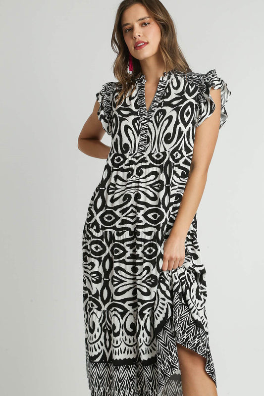 Umgee Full Size Two Tone Border Print Ruffle Cap Sleeve Midi Dress Plus Size - Clothes For Her Online Store