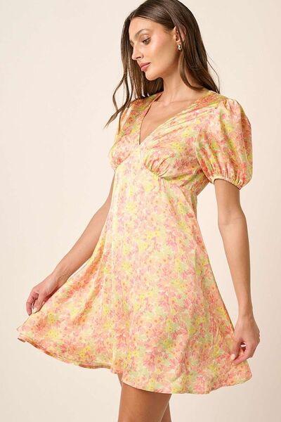 Mittoshop Printed V-Neck Puff Sleeve Mini Dress - Clothes For Her Online Store