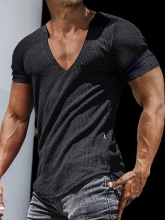 Men's Full Size Notched Short Sleeve T-Shirt Plus Size - Clothes For Her Online Store