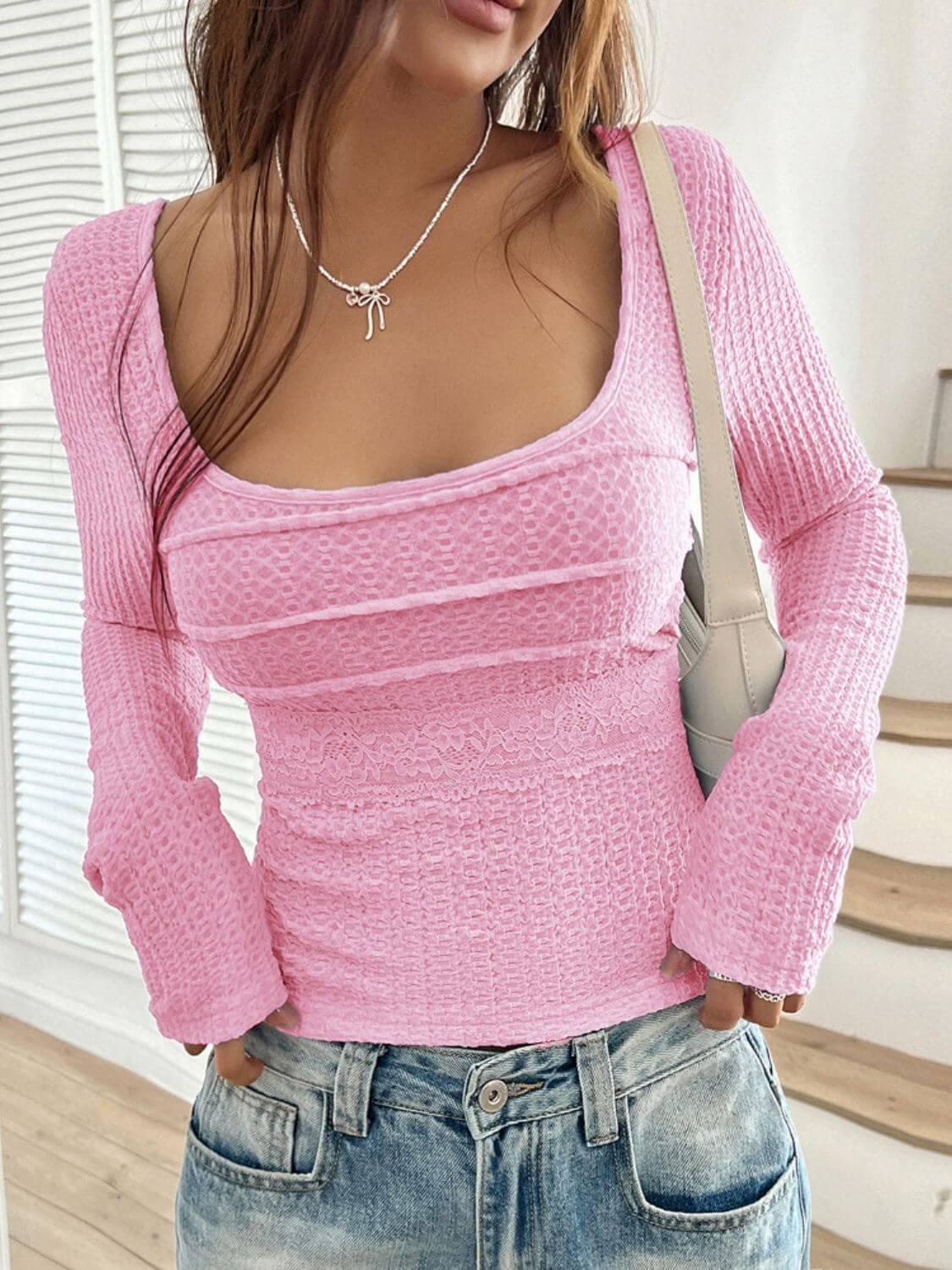 Devine Back Tie Square Neck Long Sleeve Top