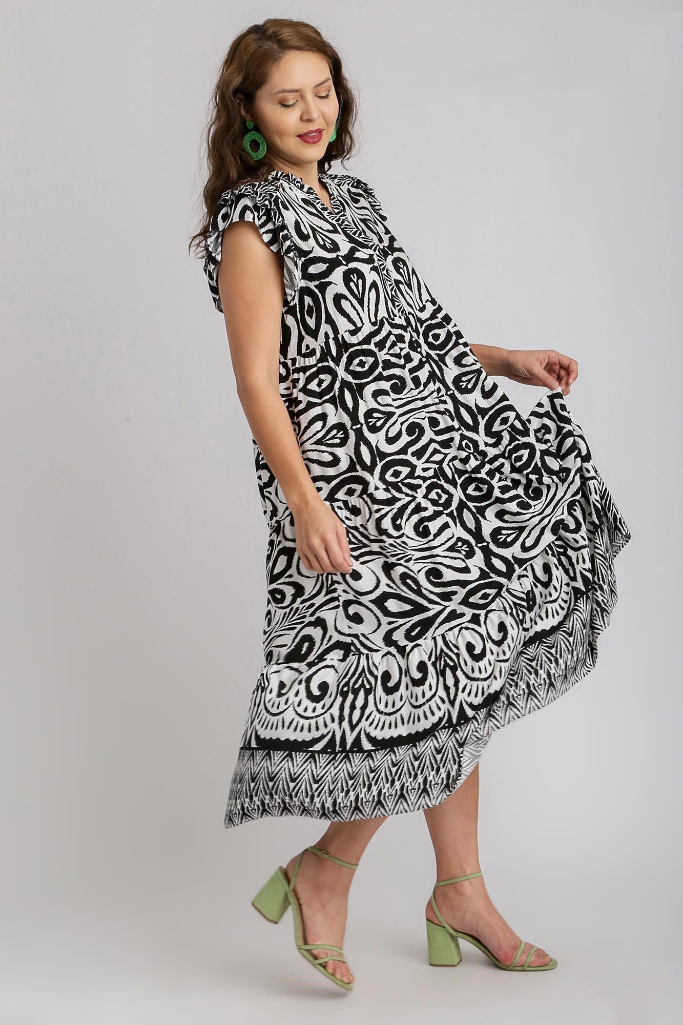 Umgee Full Size Two Tone Border Print Ruffle Cap Sleeve Midi Dress Plus Size - Clothes For Her Online Store
