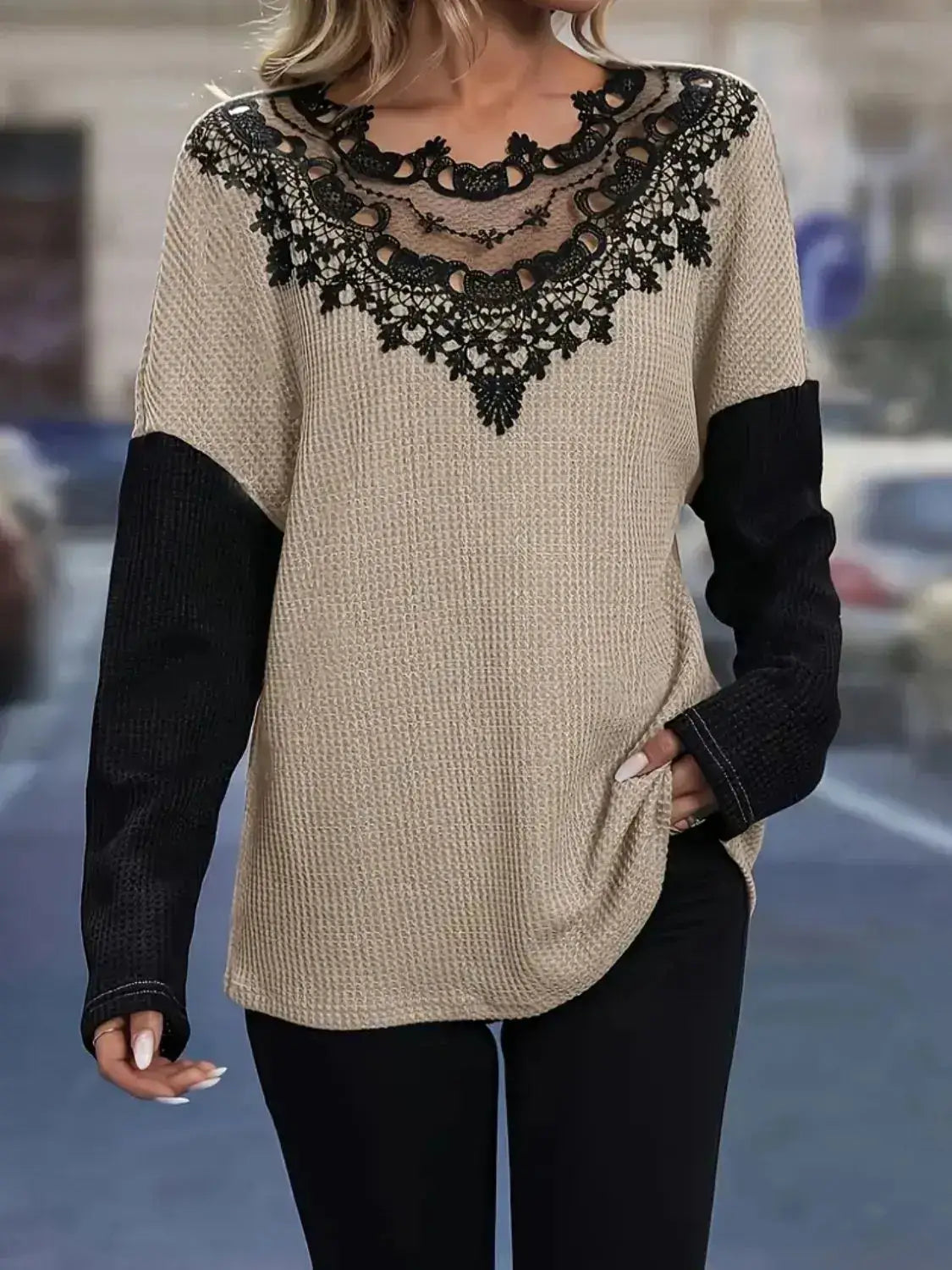 Contrast Lace Round Neck Long Sleeve T-Shirt - Clothes For Her Online Store