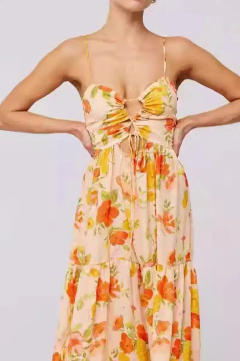 Floral Print Tie Front Tiered Maxi Dress