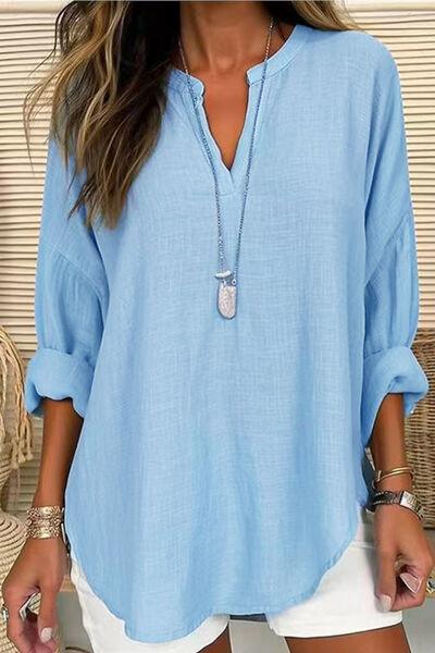 Solid Color Notched Long Sleeve Blouse