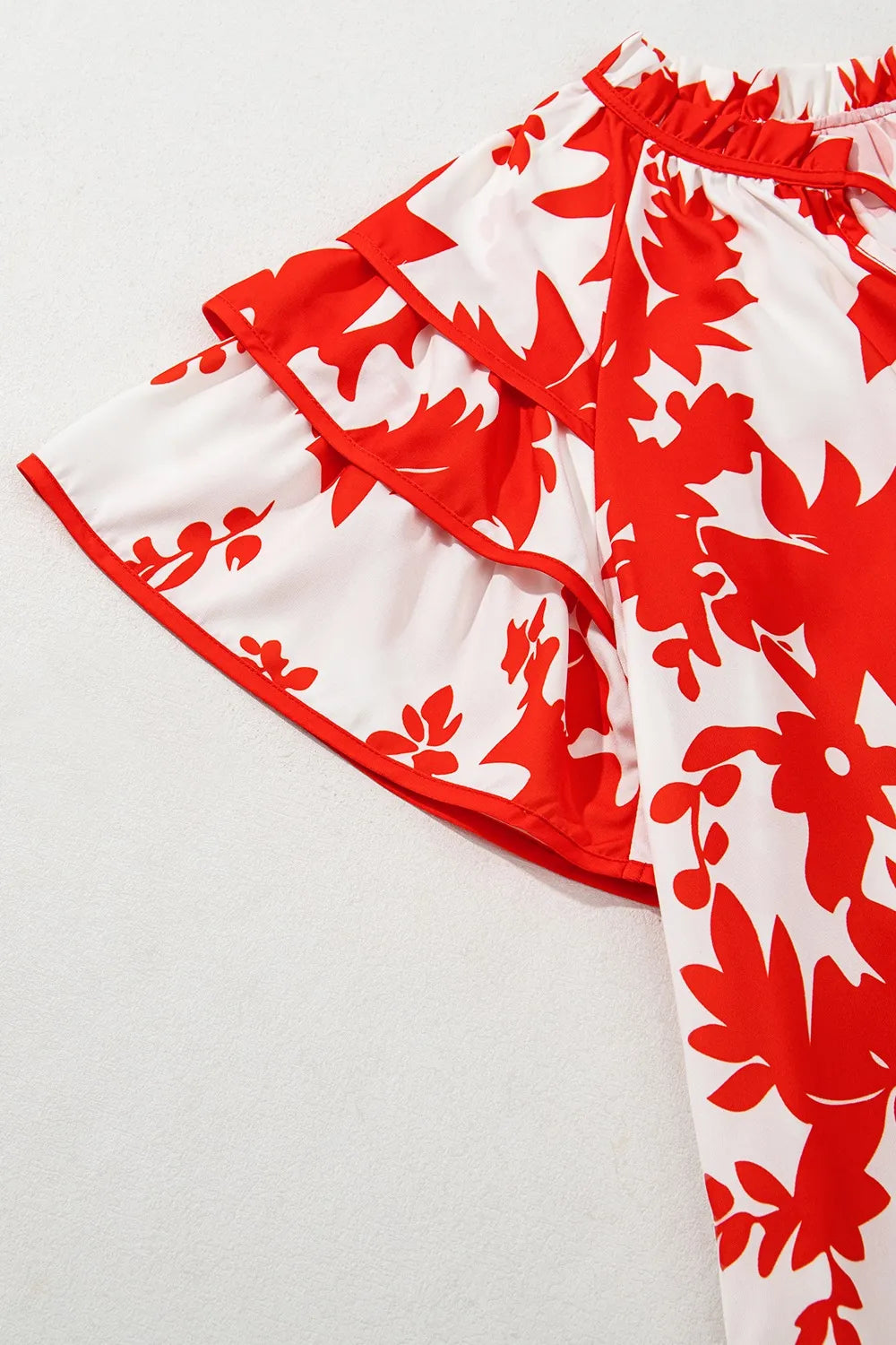 Plant Print Tiered Ruffled Sleeve Tie Neck Blouse