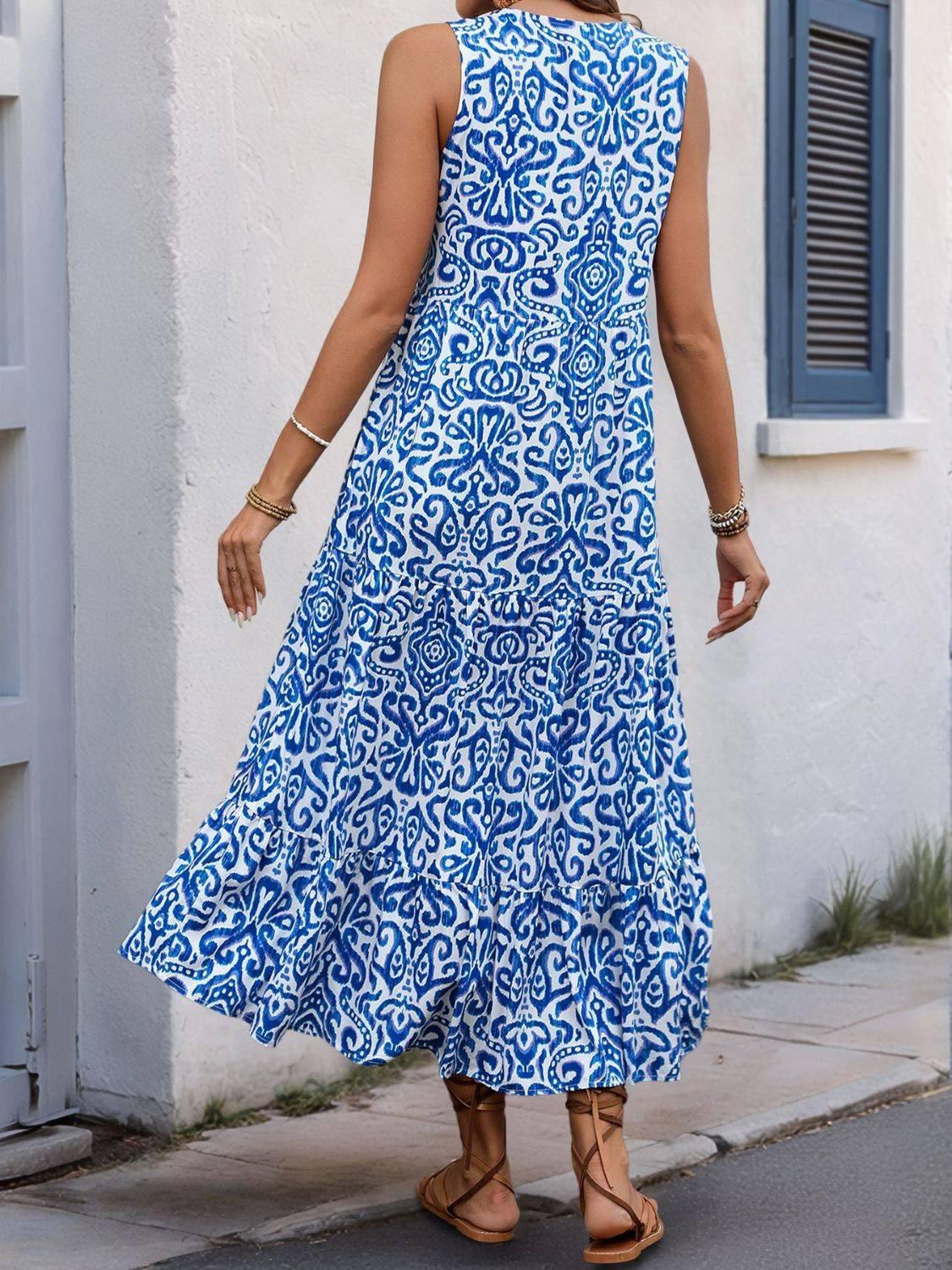 Perfee Decorative Button Printed Notched Sleeveless Midi Dress