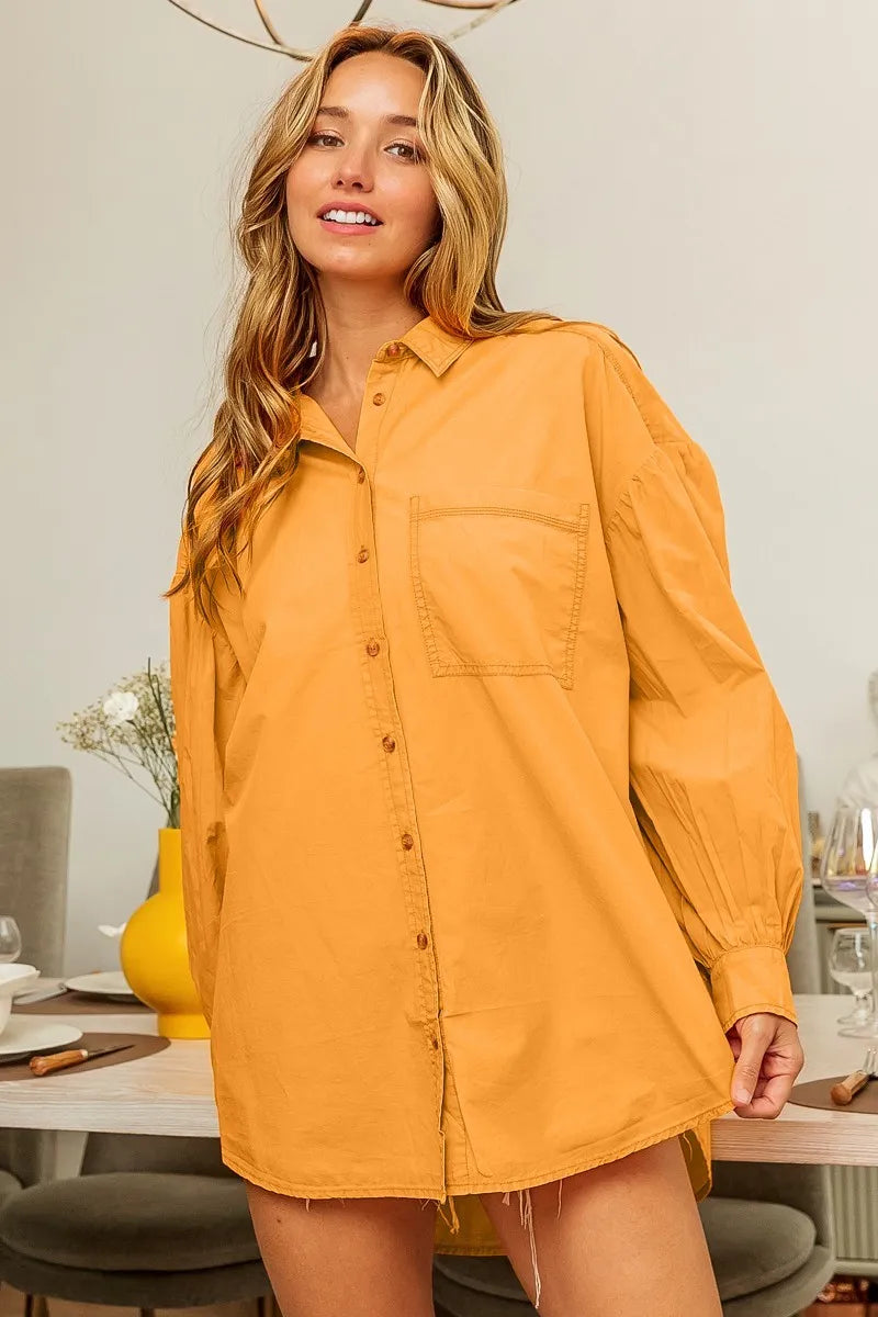 BiBi Vintage Washed Gathered Sleeve Oversized Shirt
