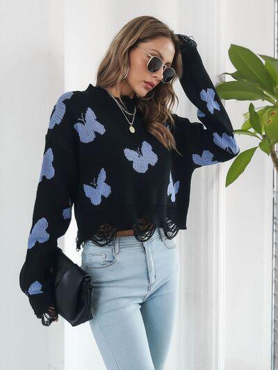 Distressed Butterfly Cropped Sweater