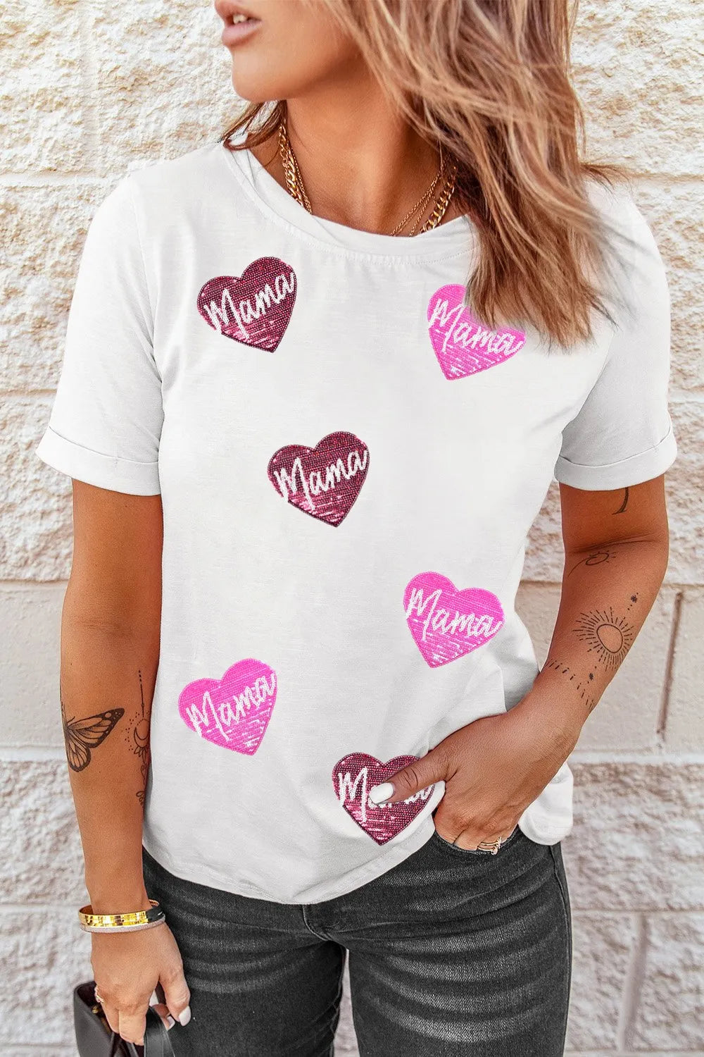 MAMA Heart Shape Sequin Patched Crew Neck T Shirt