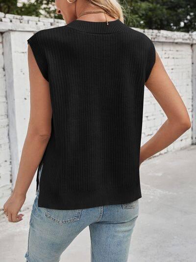 Lovelet Ribbed Slit V-Neck Sweater Vest