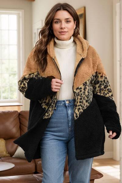 Plus Size Leopard Zip Up Hooded Outerwear - Clothes For Her Online Store