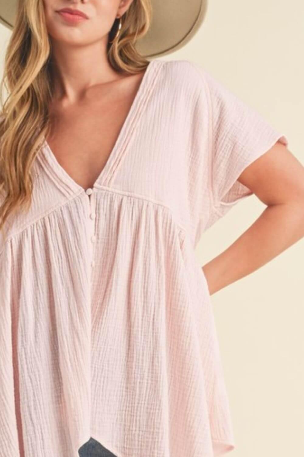 Aemi + Co Tuck Detail V-Neck Short Sleeve Blouse