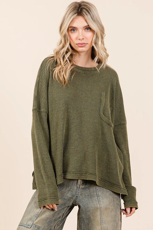 Mittoshop Mineral Wash Cutout Pocket Long Sleeve Waffle Top