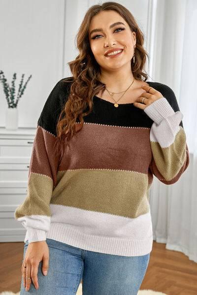 Plus Size Color Block Round Neck Sweater - Clothes For Her Online Store