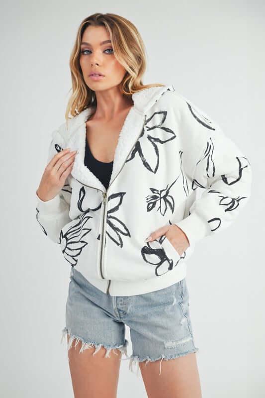 Aemi + Co Flower Print Zip Up Sherpa Hoodie