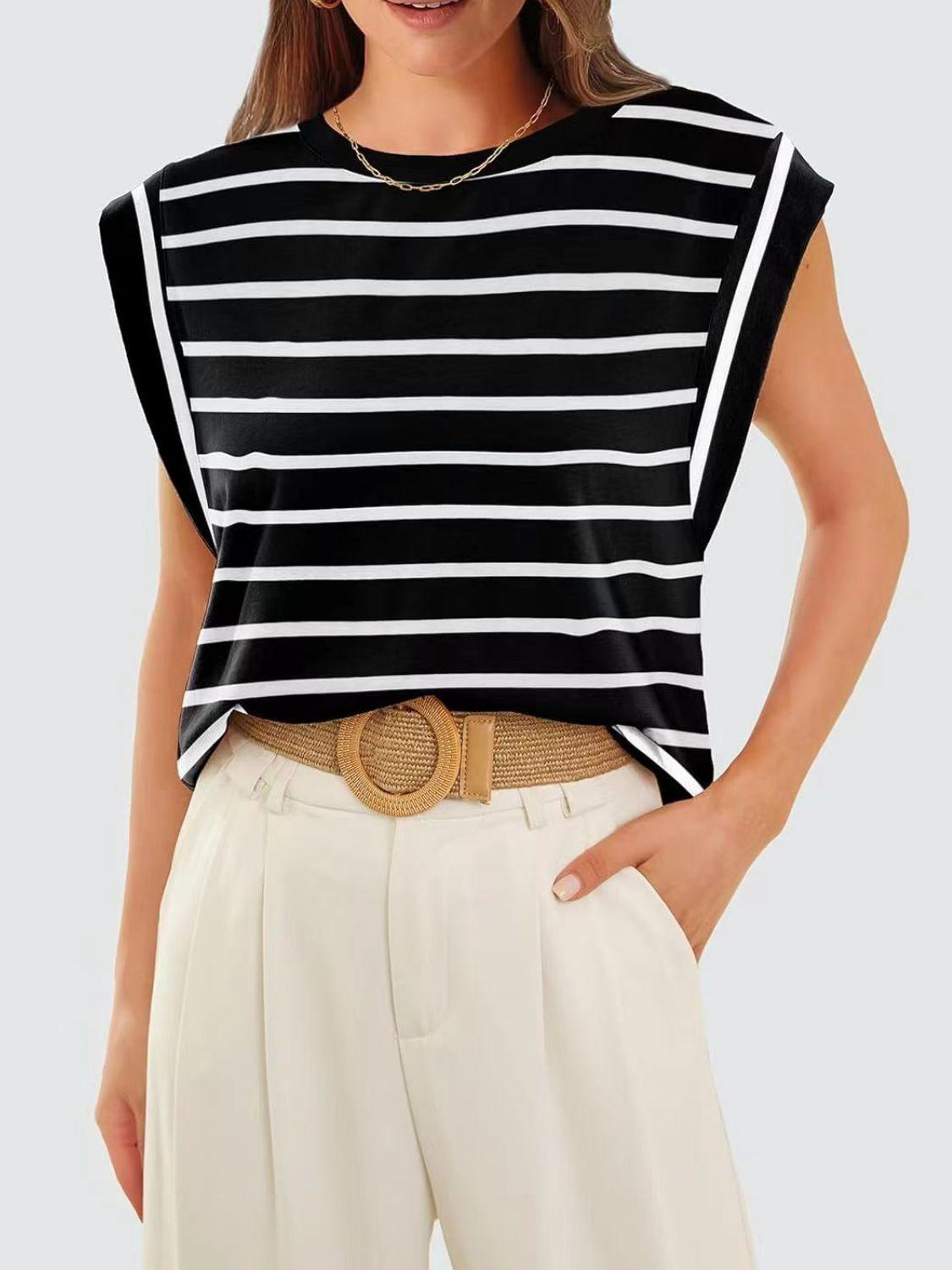 Florira Striped Round Neck Cap Sleeve T-Shirt