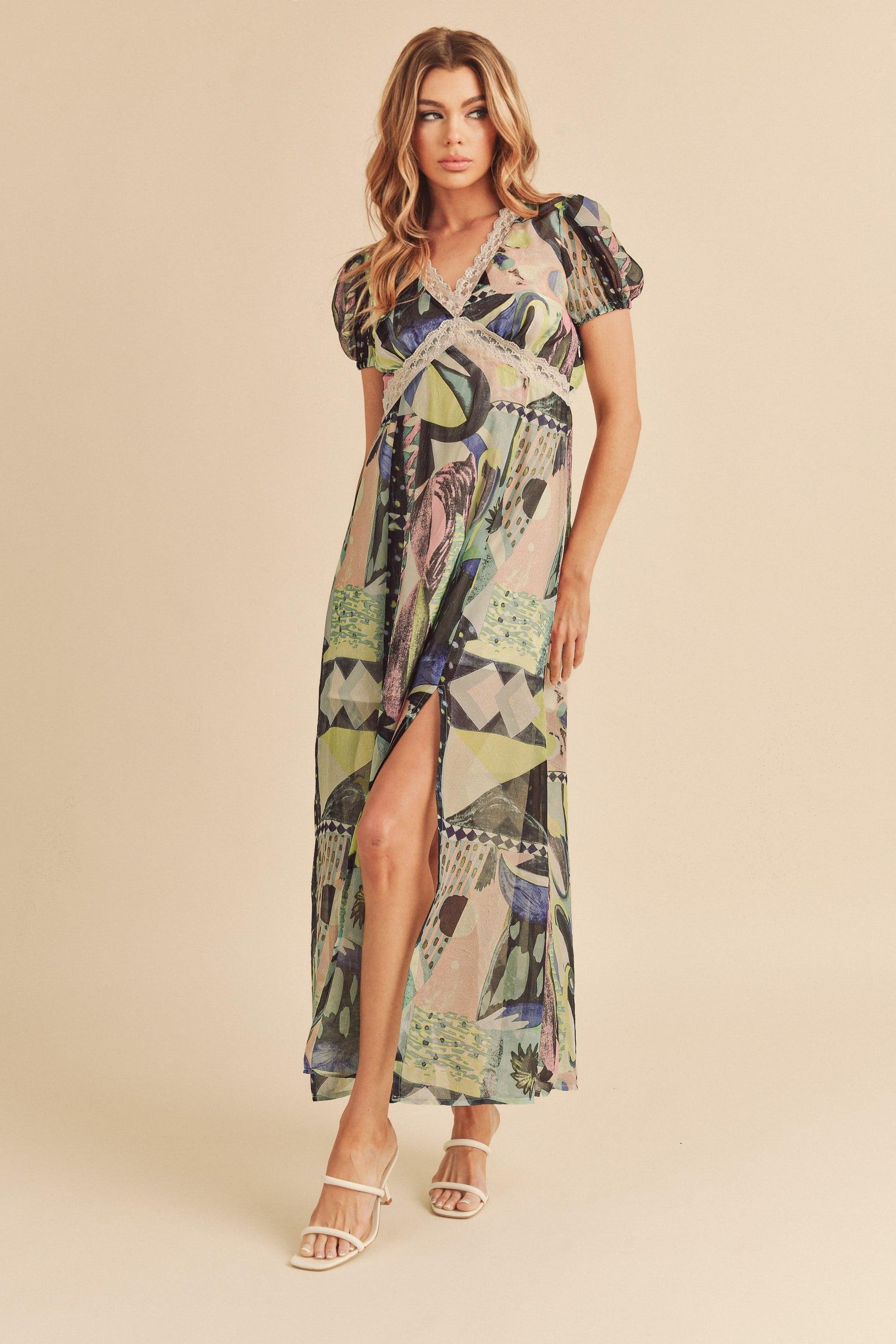 Aemi + Co Lace Detail Slit Geometric Print Short Sleeve Maxi Dress - Clothes For Her Online Store