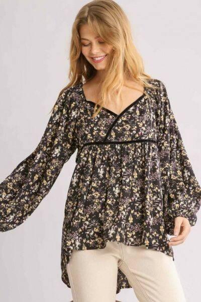 Umgee Full Size Floral Print Velvet Trimmed Balloon Sleeve Top Plus Size