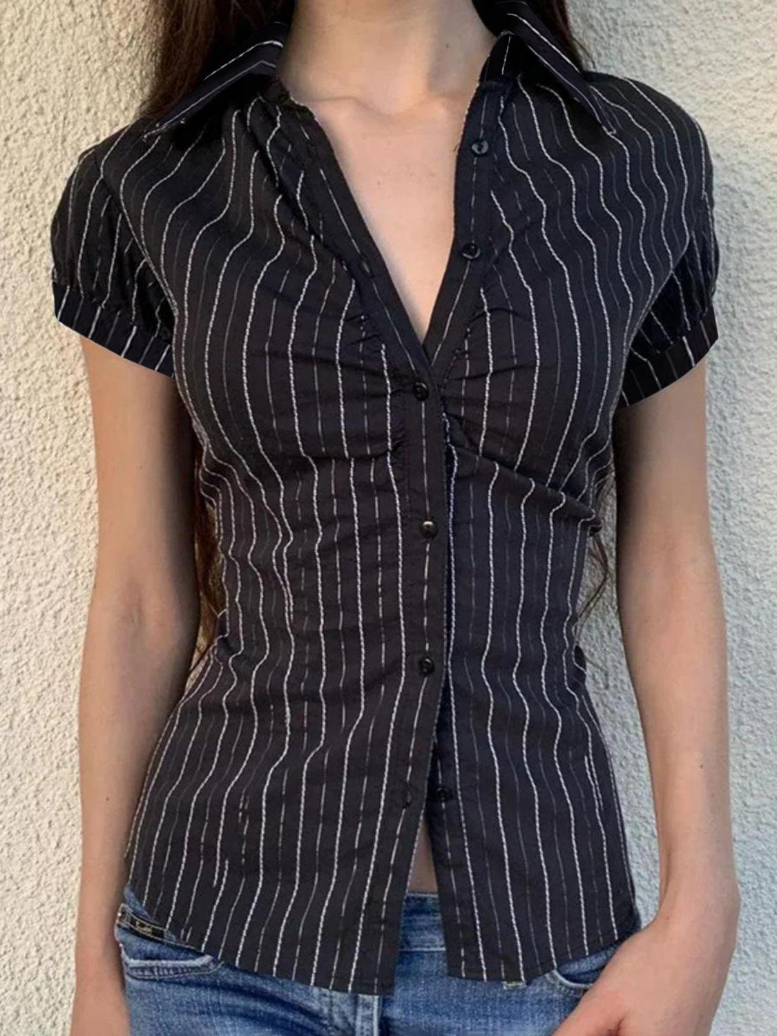 Devine Button Down Striped Collared Neck Short Sleeve Shirt - Clothes For Her Online Store