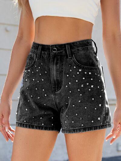 Rhinestone Washed High Waist Denim Shorts