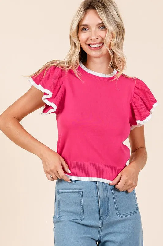 Mittoshop Contrast Trim Ruffled Cap Sleeve Knit Top