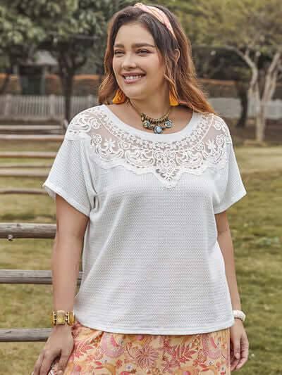 Plus Size Lace Detail Round Neck Short Sleeve Top - Clothes For Her Online Store