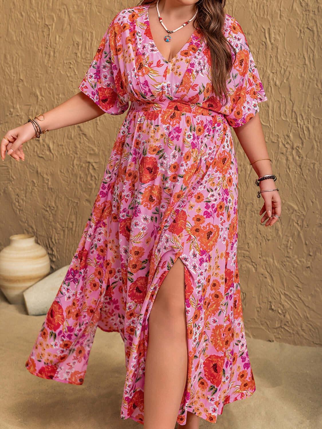 Plus Size Slit Floral V-Neck Half Sleeve Maxi Dress