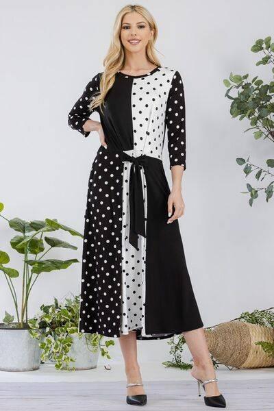 Celeste Full Size Polka Dot Front Tie Midi Dress Plus Size