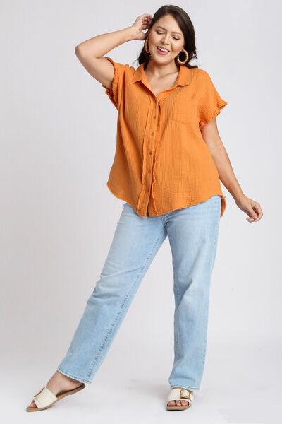 Umgee Full Size Frayed Hem Collared Neck Short Sleeve Shirt Plus Size