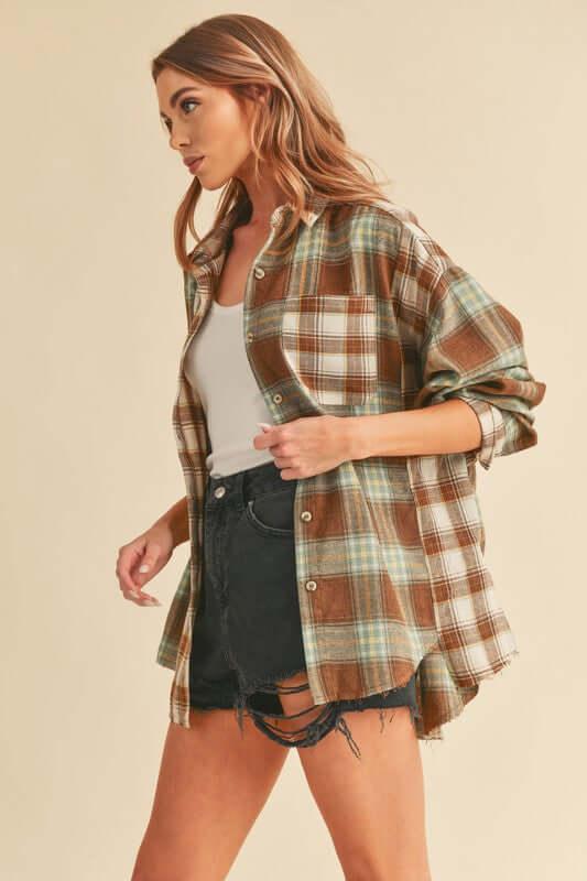 Aemi + Co Frayed Hem Plaid Button Up Flannel Shirt