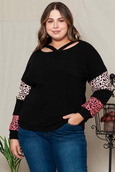 Plus Size Leopard Dropped Shoulder Long Sleeve T-Shirt - Clothes For Her Online Store