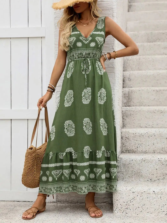 Printed V-Neck Sleeveless Dress - Clothes For Her Online Store