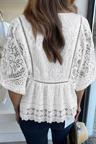 Lace Crochet Hollowed Scallop Hem V Neck Blouse