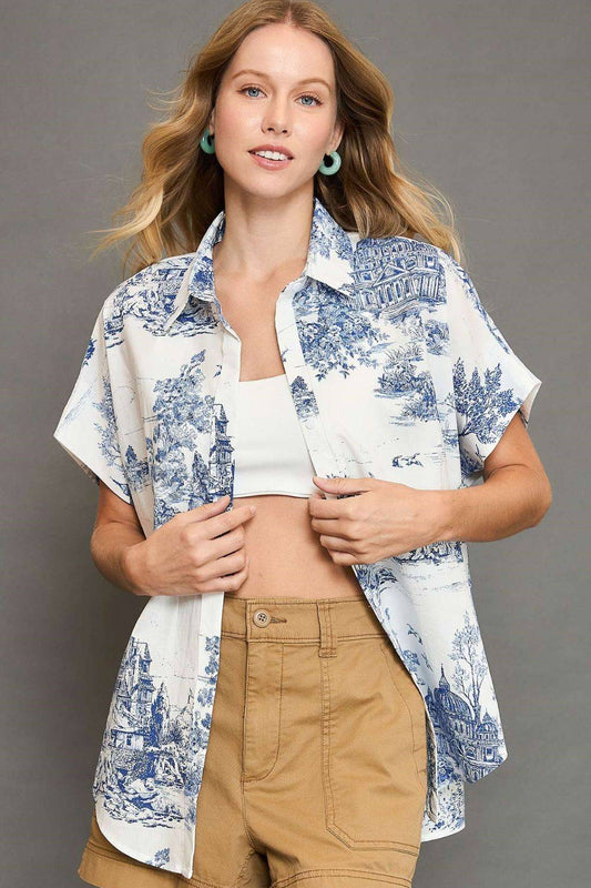 Umgee Full Size Two Tone Print Button Up Short Sleeve Shirt Plus Size - Clothes For Her Online Store