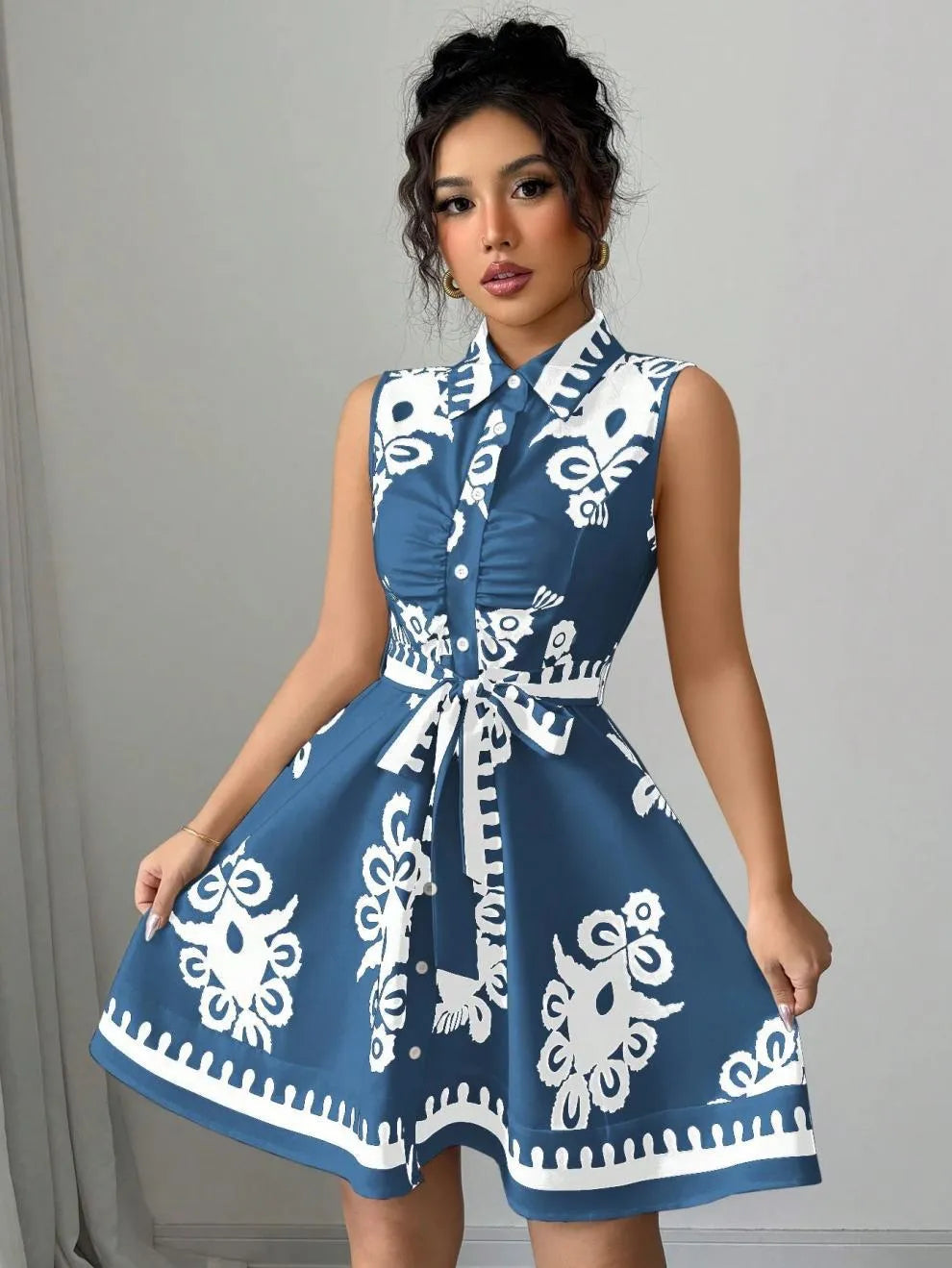 Printed Sleeveless Button Front Dress