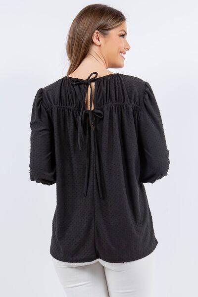 Celeste Full Size Puff Sleeve and Bow Detail Top Plus Size