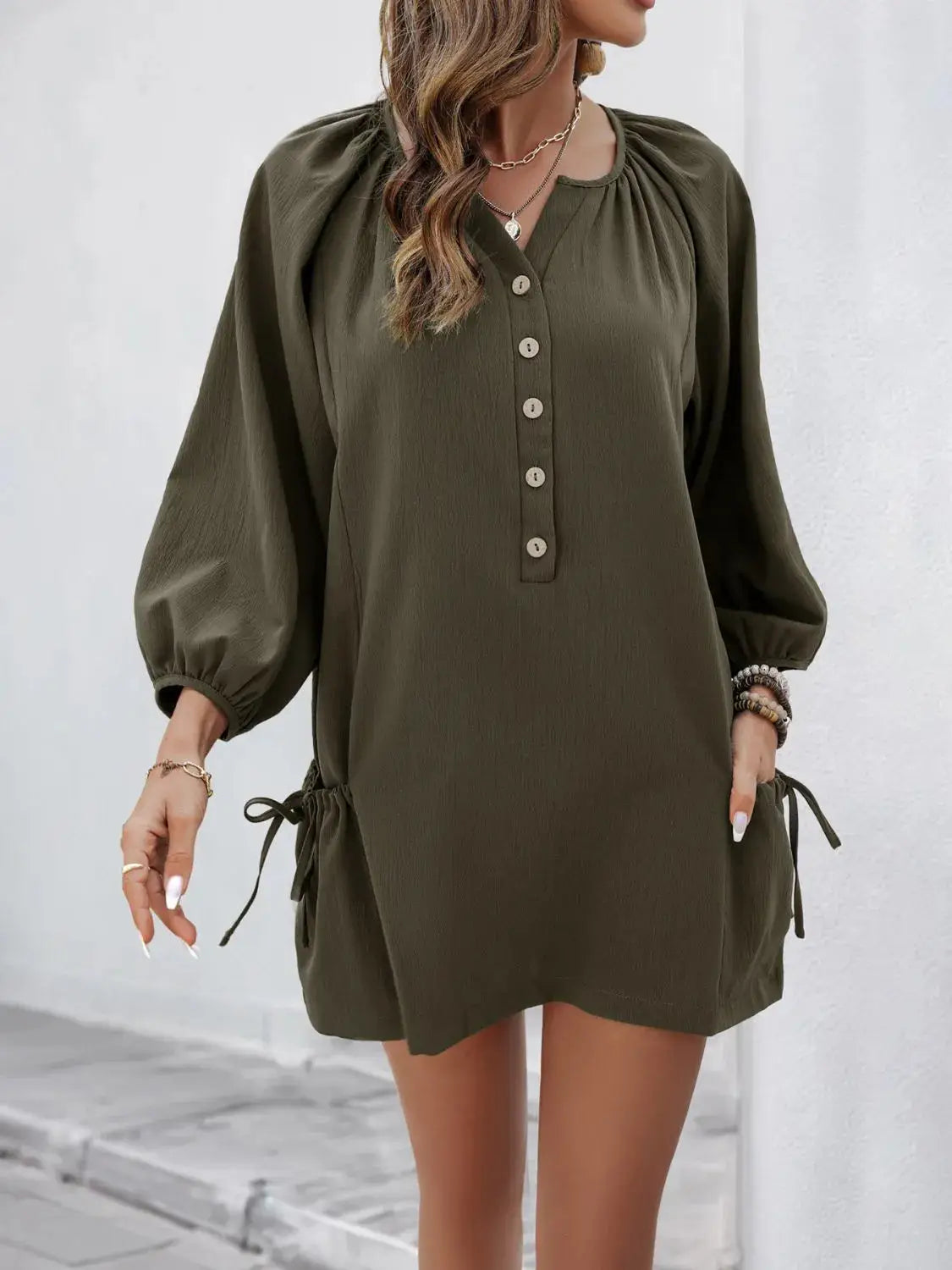 Button Front Balloon Sleeve Dress - Clothes For Her Online Store