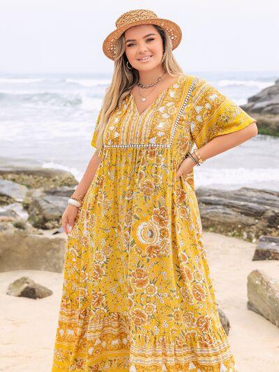 Plus Size Floral Tie Neck Flutter Sleeve Maxi Dress