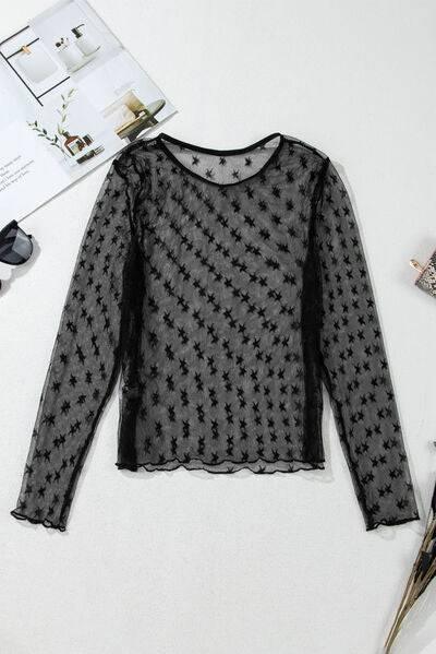 Star Round Neck Long Sleeve Sheer Blouse - Clothes For Her Online Store