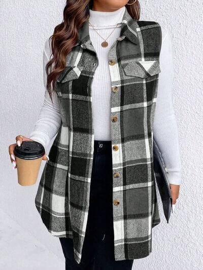 Honey Plus Size Pocketed Plaid Button Up Vest Coat - Clothes For Her Online Store