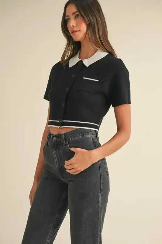 MABLE Button Down Contrast Collared Knit Cardigan - Clothes For Her Online Store