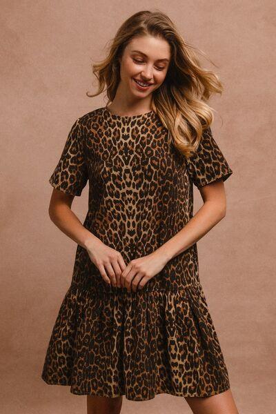 BiBi Tie Back Leopard Round Neck Short Sleeve Dress - Clothes For Her Online Store