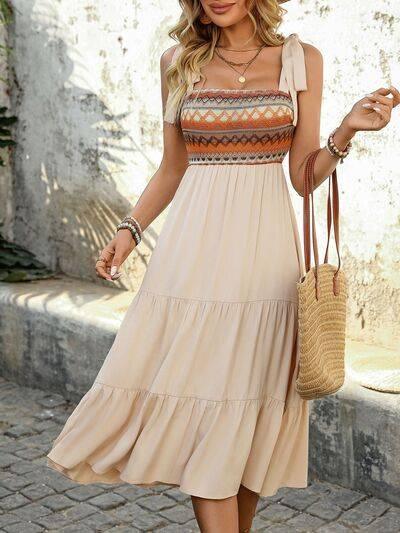 Perfee Tied Smocked Tiered Midi Cami Dress